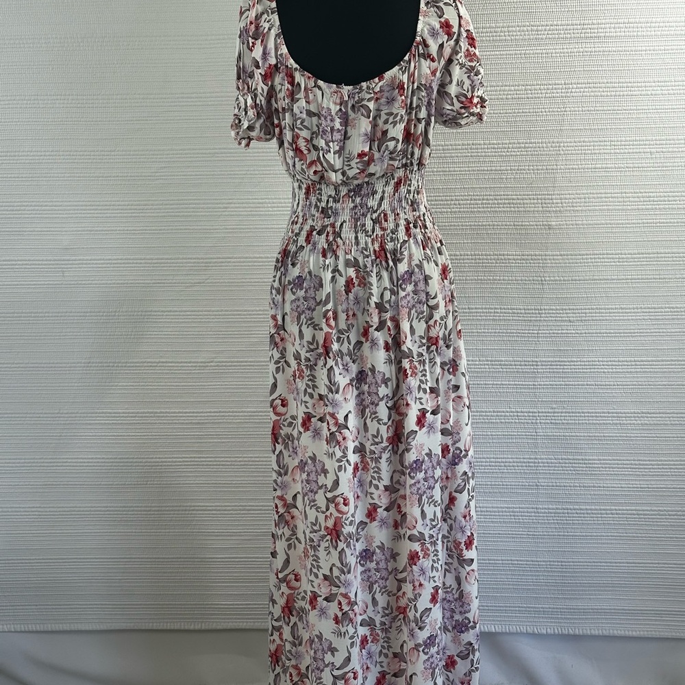 Floral Smocked Waist Maxi Dress in White with Red & Purple Flowers Prairie - Picture 12 of 15